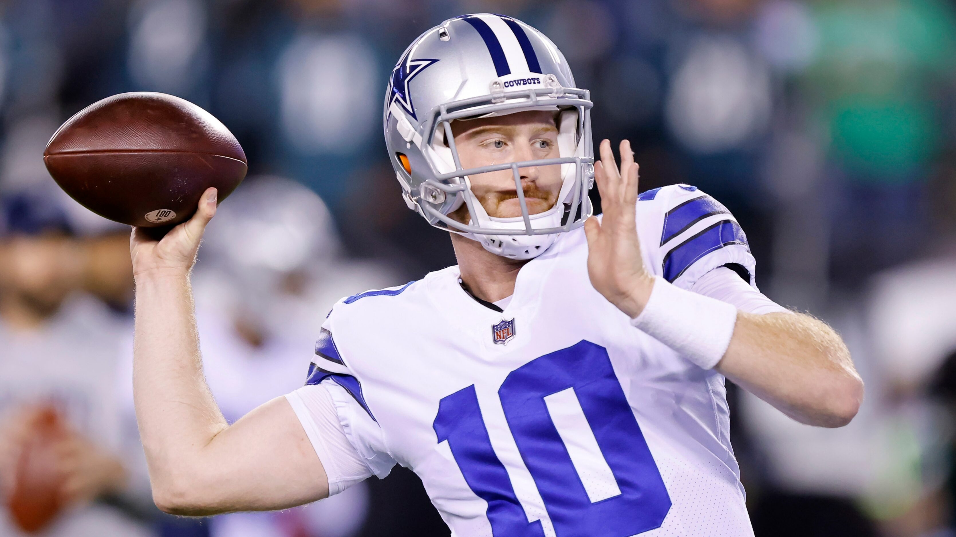 Dallas Cowboys quarterback Cooper Rush (10) throws during pregame warmups at Lincoln...