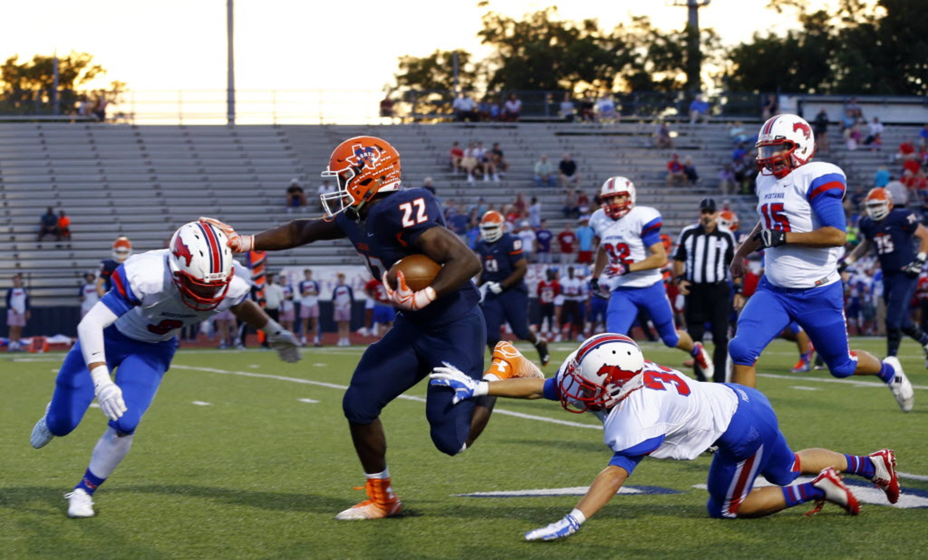 TXHSFB Richardson Pearce defensive back Gray Rodgers (8) and defensive back Jay Mendenhall...