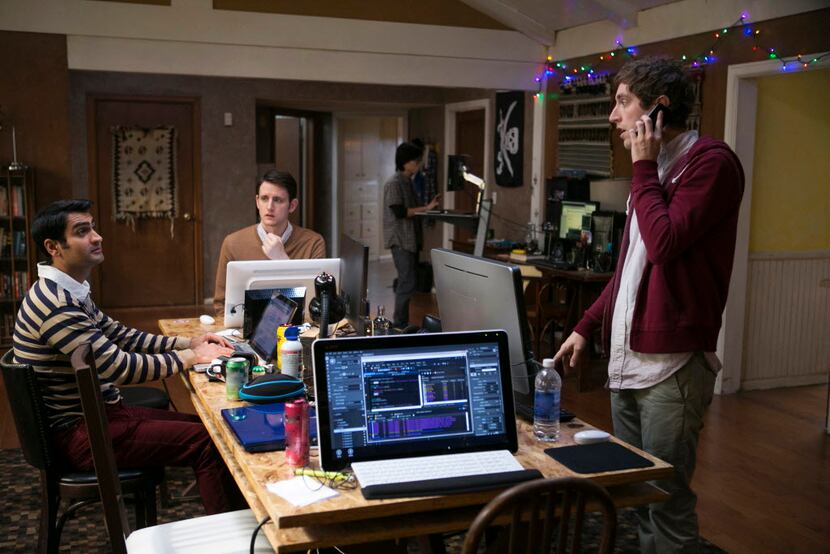 This photo released by HBO shows, from left, Kumail Nanjiani, Zach Woods, and Thomas...