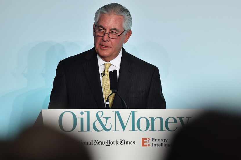 Chairman and CEO of US oil and gas corporation ExxonMobil, Rex Tillerson, speaks during the...