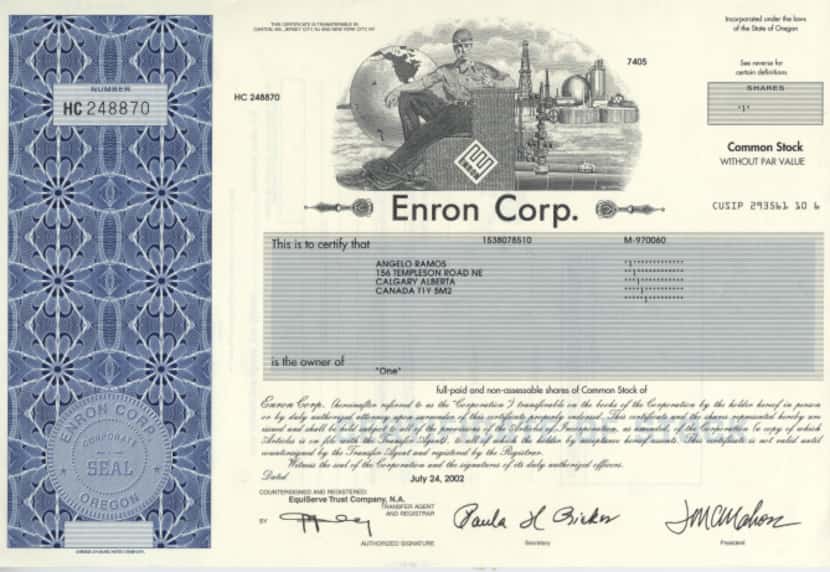 Die-hards hoard Enron Corp. paper stock certificates in hopes that they’ll be worth...