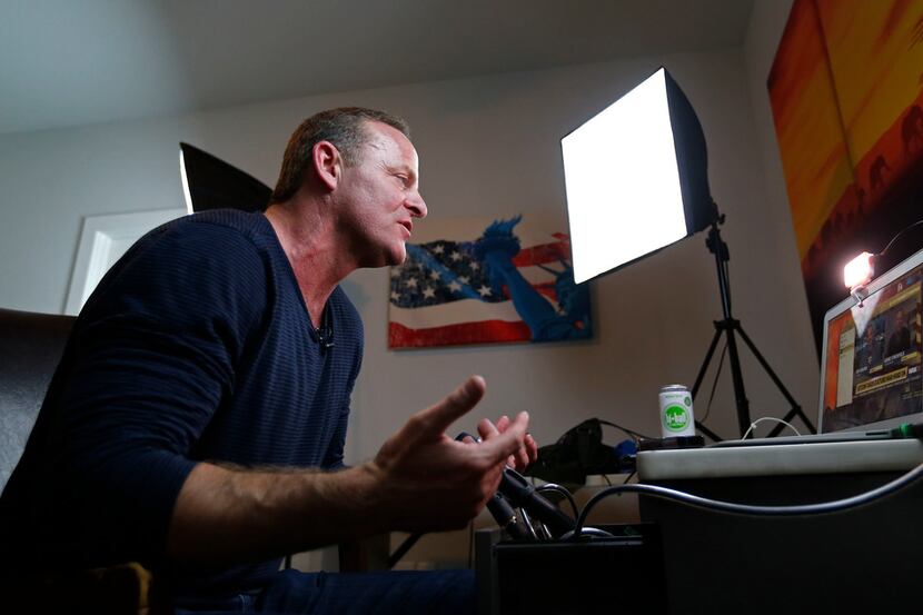 Grant Stinchfield, a former KXAS-TV reporter, does an interview on NRA TV via Skype from his...