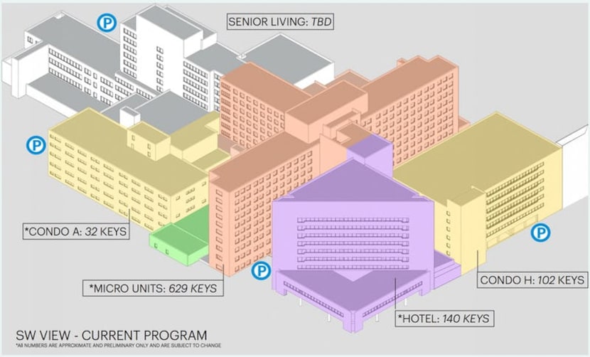 A preliminary plan for the 38-acre former Parkland Hospital campus shows a variety of uses. 