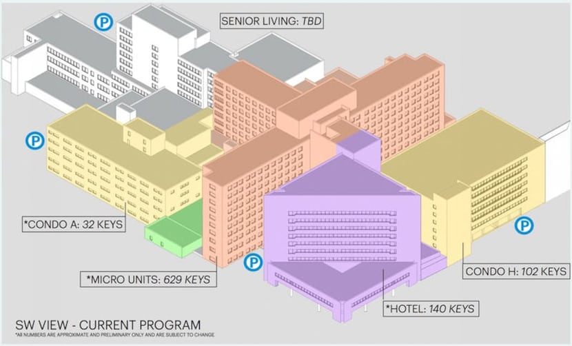 A preliminary plan for the 38-acre former Parkland Hospital campus shows a variety of uses. 