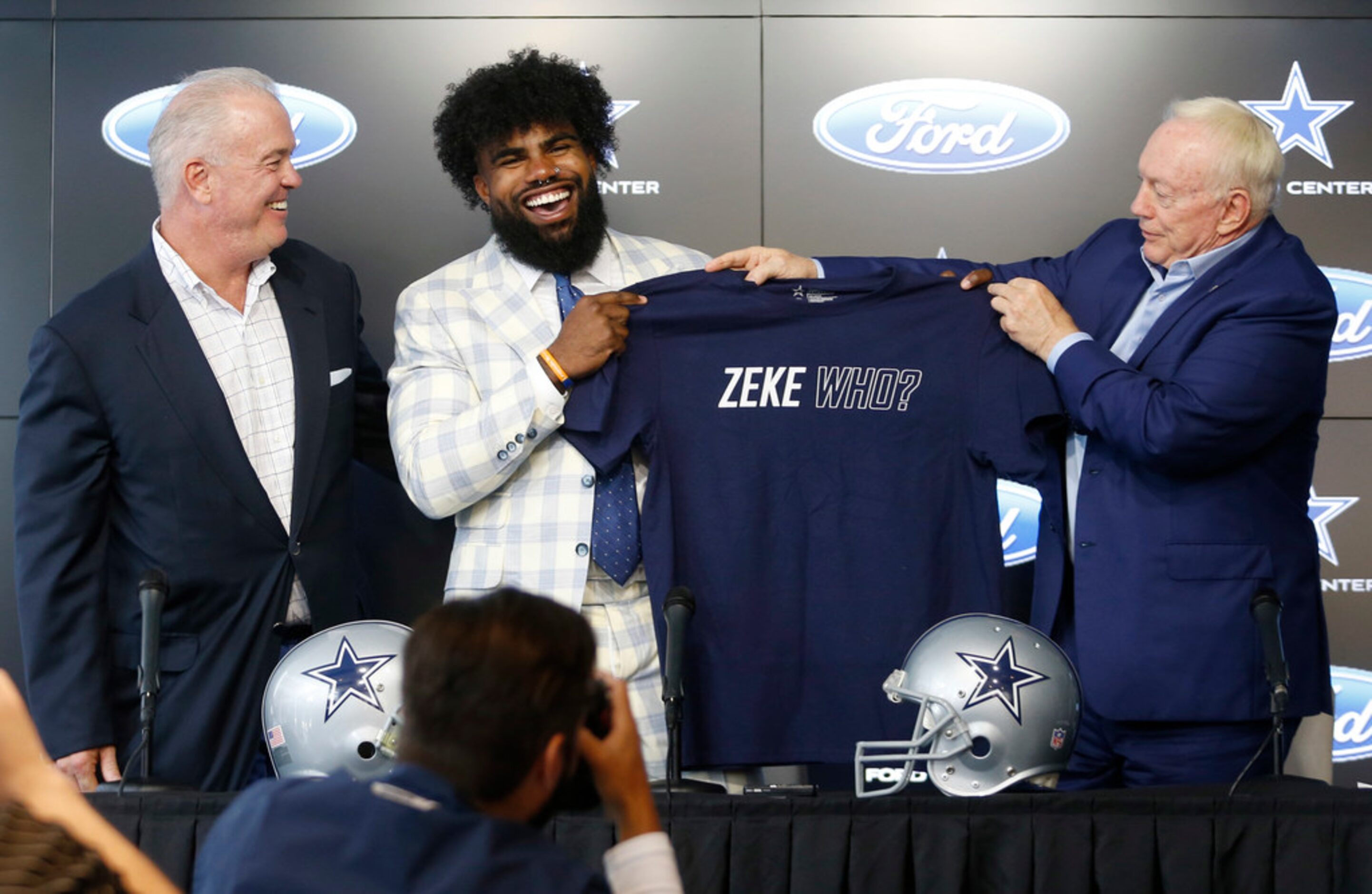 Dallas Cowboys owner and general manager Jerry Jones and Dallas Cowboys running back Ezekiel...