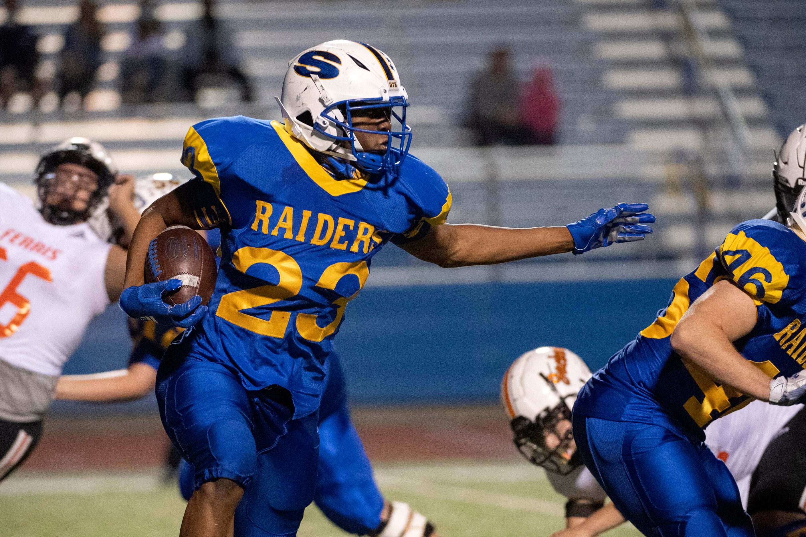 Sunnyvale senior running back Obi Arinze (23) follows his blocker in the second half of a...