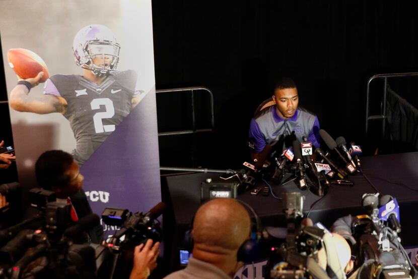 Trevone Boykin, QB for TCU answers questions from the news media during the Big 12...