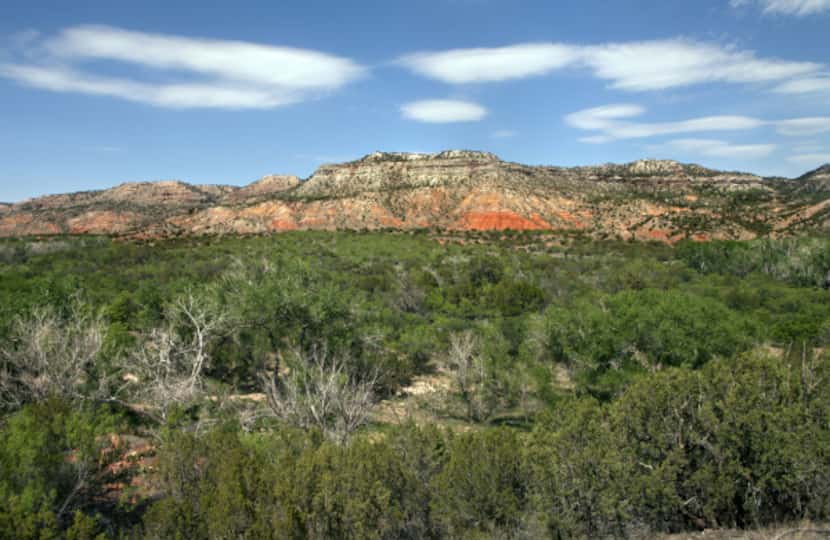 Terrain of contrasting colors - green from junipers, cactus and live oaks and red from its...