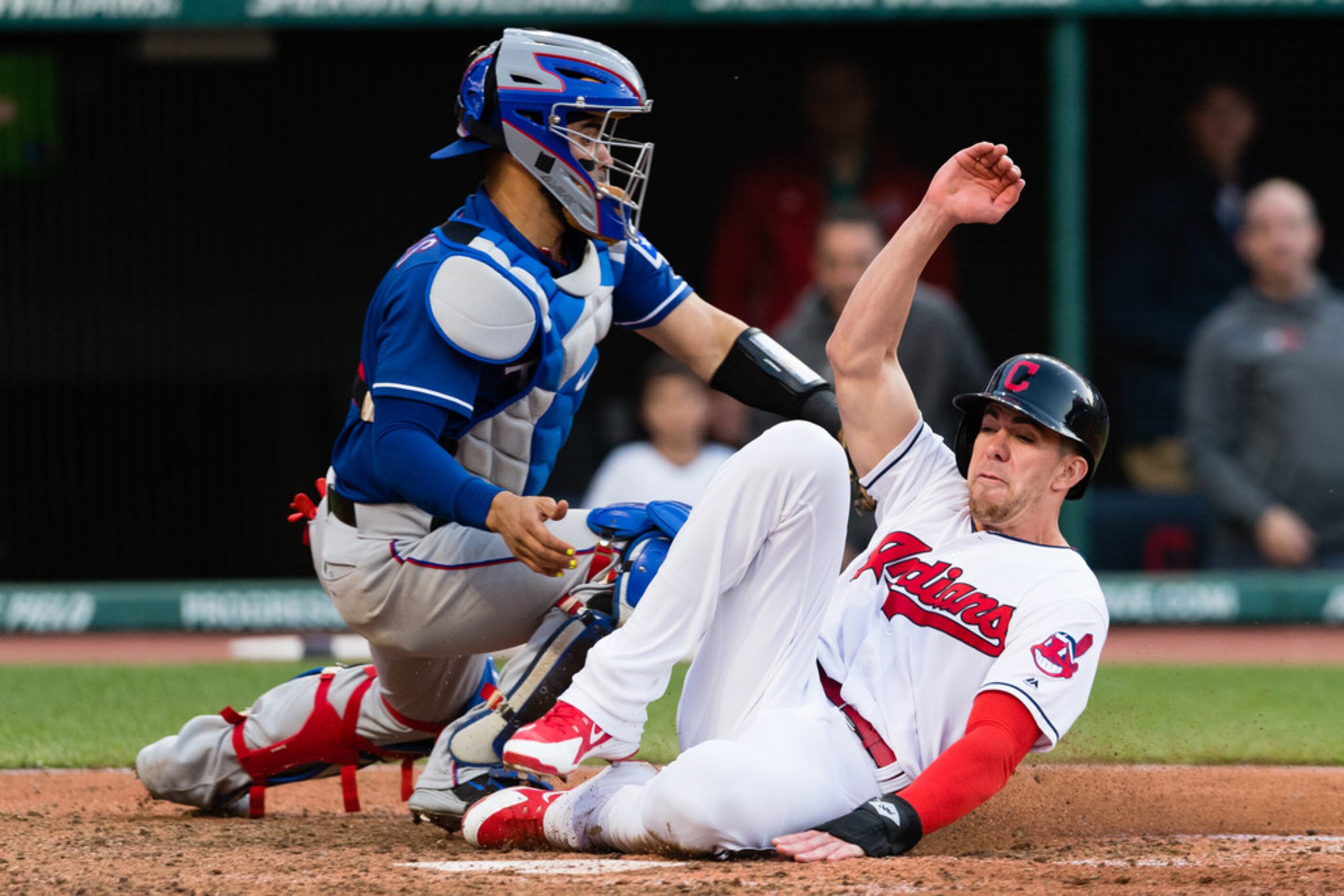 CLEVELAND, OH - APRIL 30: Bradley Zimmer #4 of the Cleveland Indians is safe at home as...