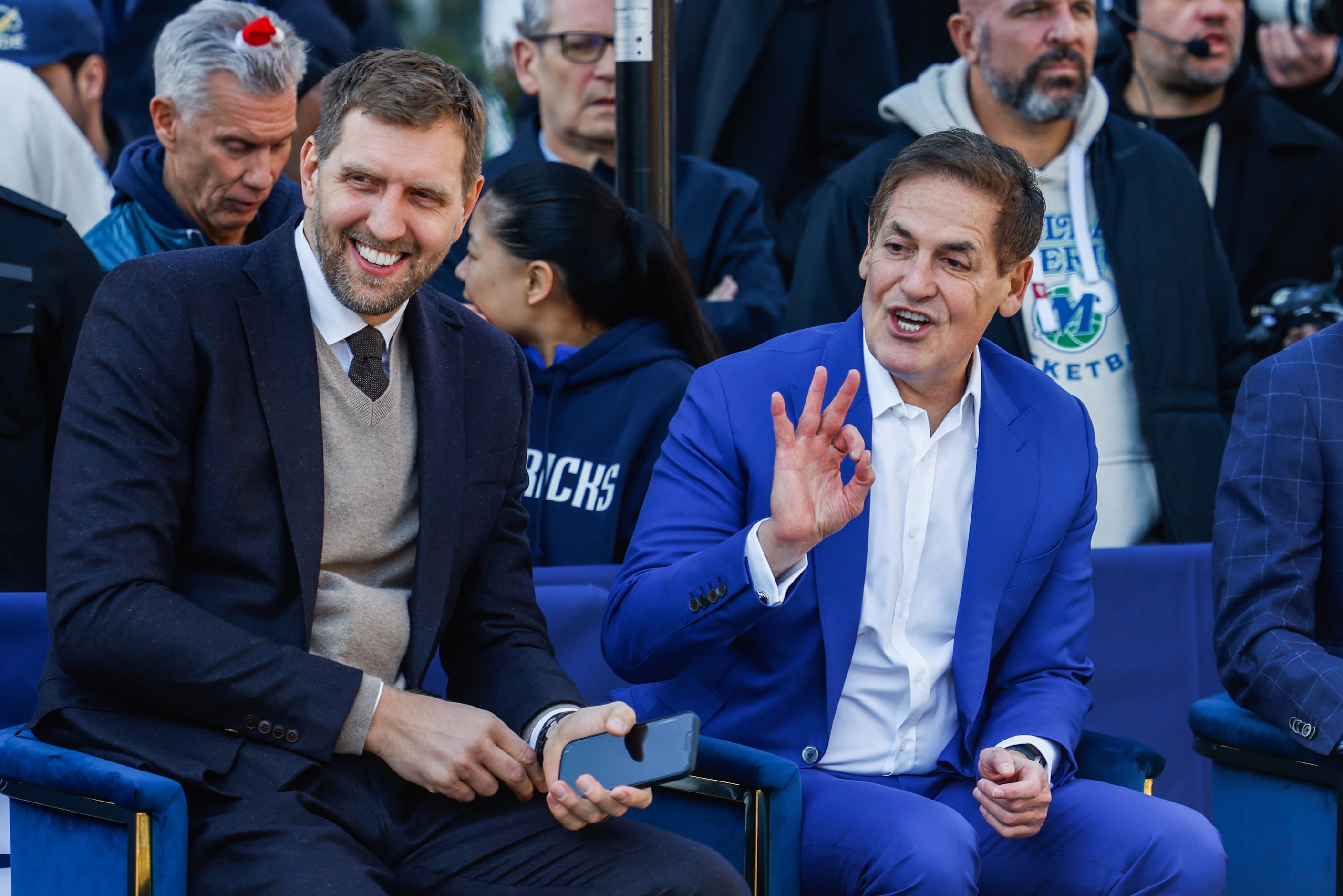 From left, Dirk Nowitzki, and Mark Cuban during the Christmas Day ceremony where the Dirk...