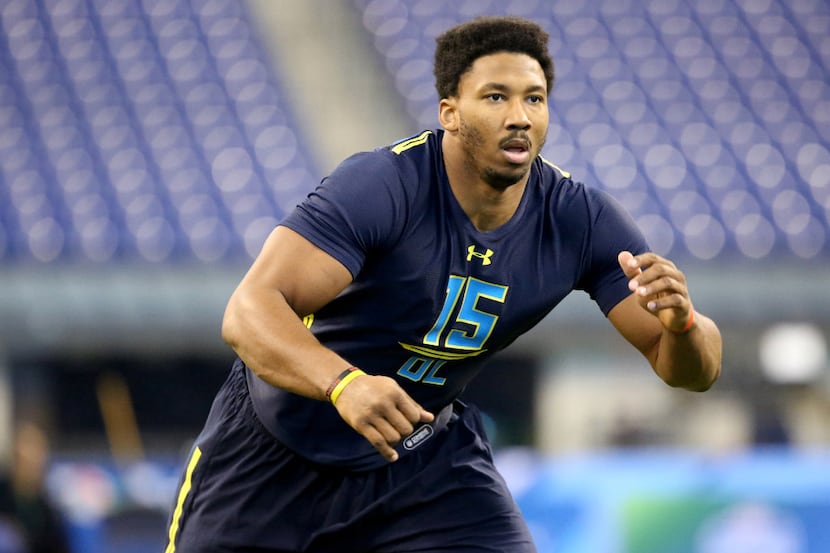 Texas A&M defensive end Myles Garrett competes in a drill at the 2017 NFL football scouting...