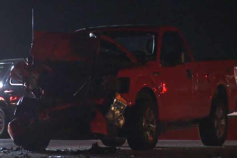 A pickup was heavily damaged after it was involved in a crash that killed a pedestrian...