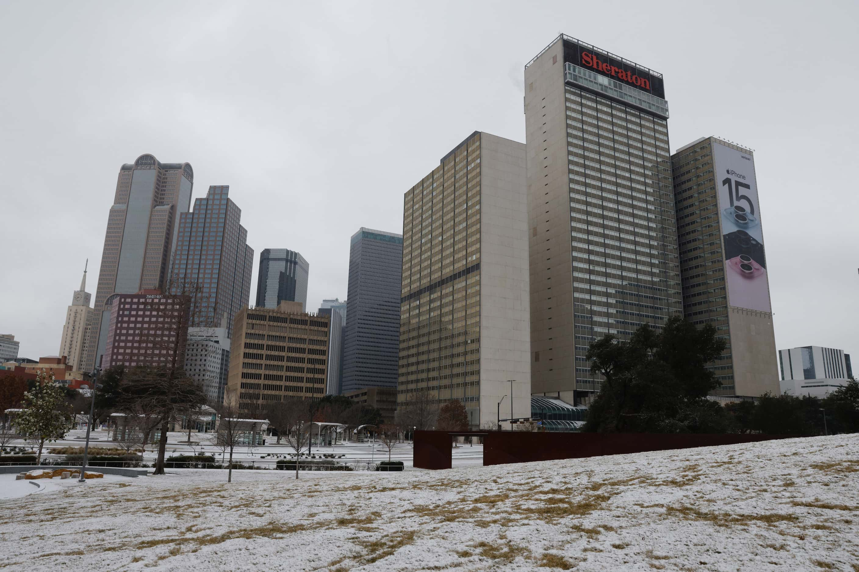 Snow covers the ground at Carpenter Park in downtown Dallas, Monday, Jan. 15, 2024.