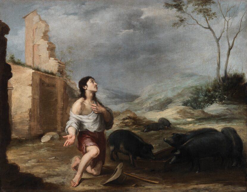 Bartolomé Esteban Murillo's "The Prodigal Son Feeding Swine" is part of a six-painting...