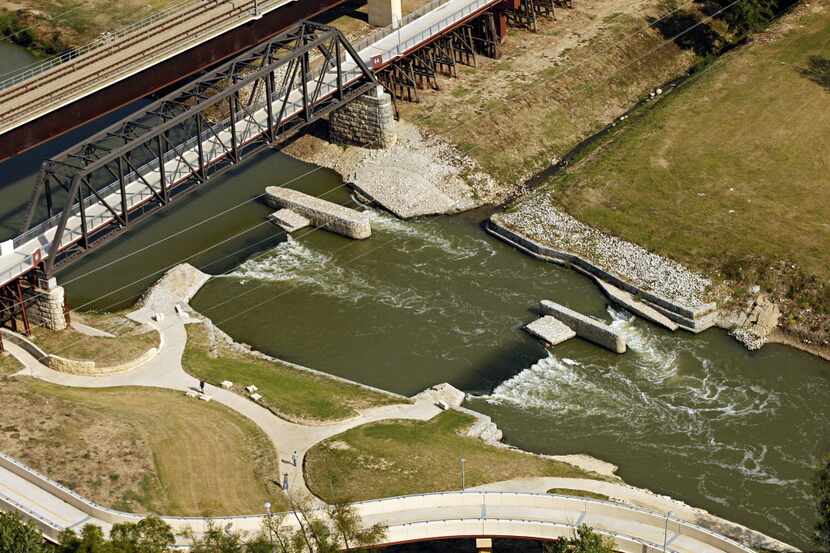 Aerial photograph of the whitewater feature in the Trinity River and the Santa Fe Trestle...