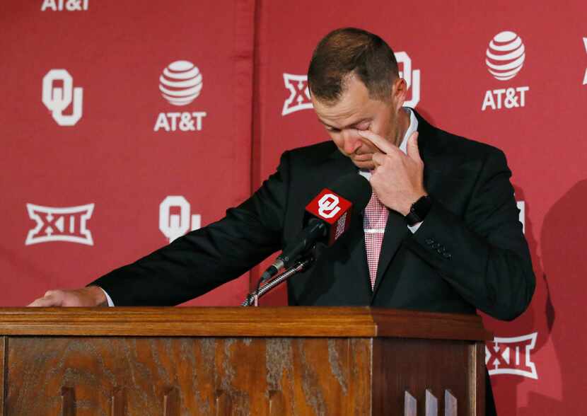Lincoln Riley gets emotional during a news conference at which the retirement of Oklahoma...