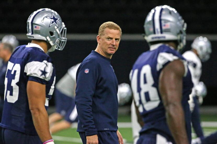 Dallas Cowboys head coach Jason Garrett is pictured during the Dallas Cowboys practice at...