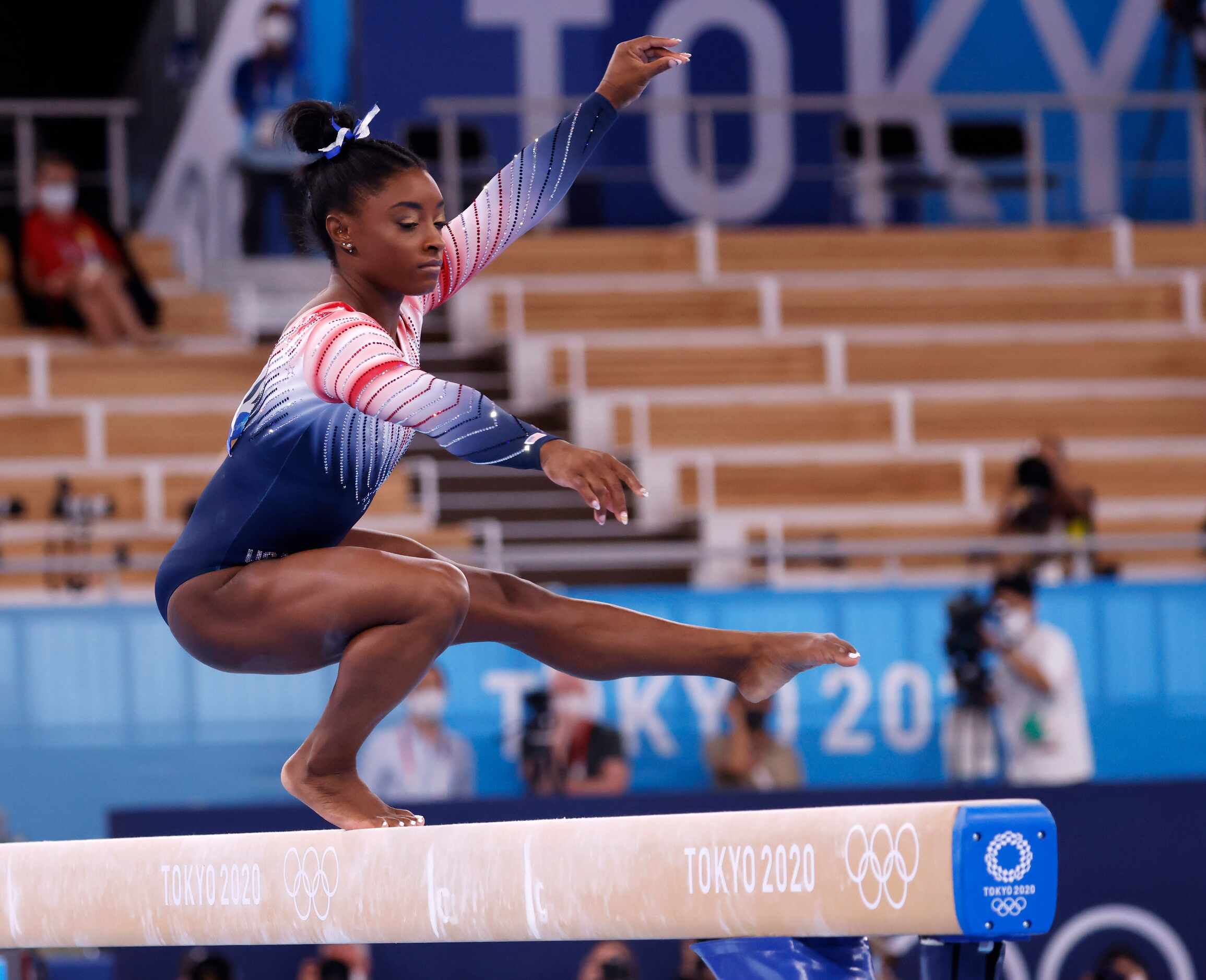 USA’s Simone Biles before competes in the women’s balance beam final at the postponed 2020...