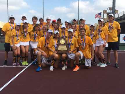 Highland Park tennis poses with its Class 5A UIL team tennis trophy after beating Amarillo,...