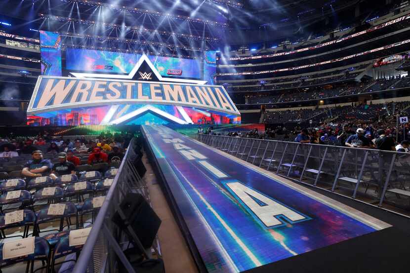 The stage and ramp to the ring during WrestleMania in Arlington, Texas on Sunday, April 3,...