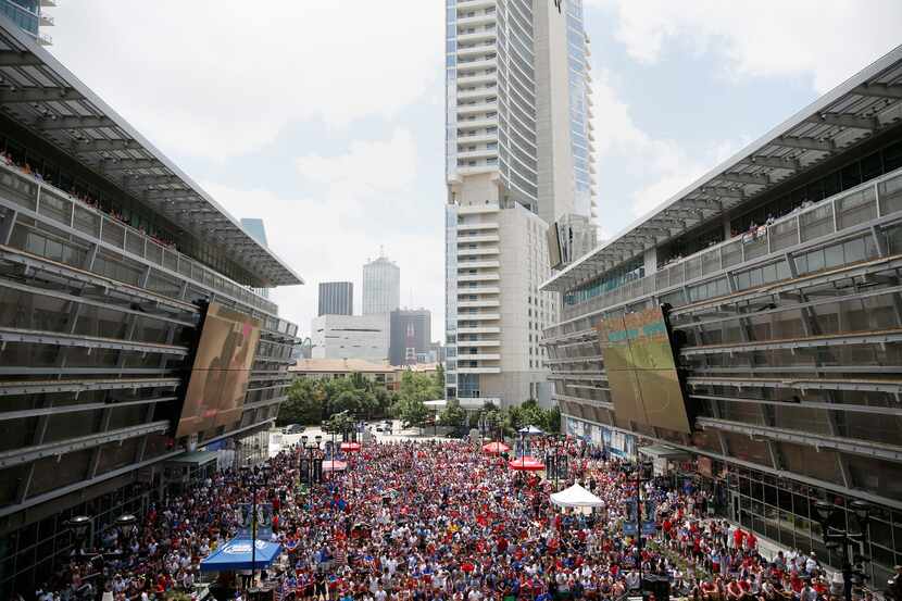 An estimated 5,000 fans gathered in AT&T Plaza at American Airlines Center for the World Cup...