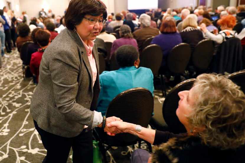 Texas Gubernatorial candidate Lupe Valdez shakes hands with folks gathered at the Democratic...