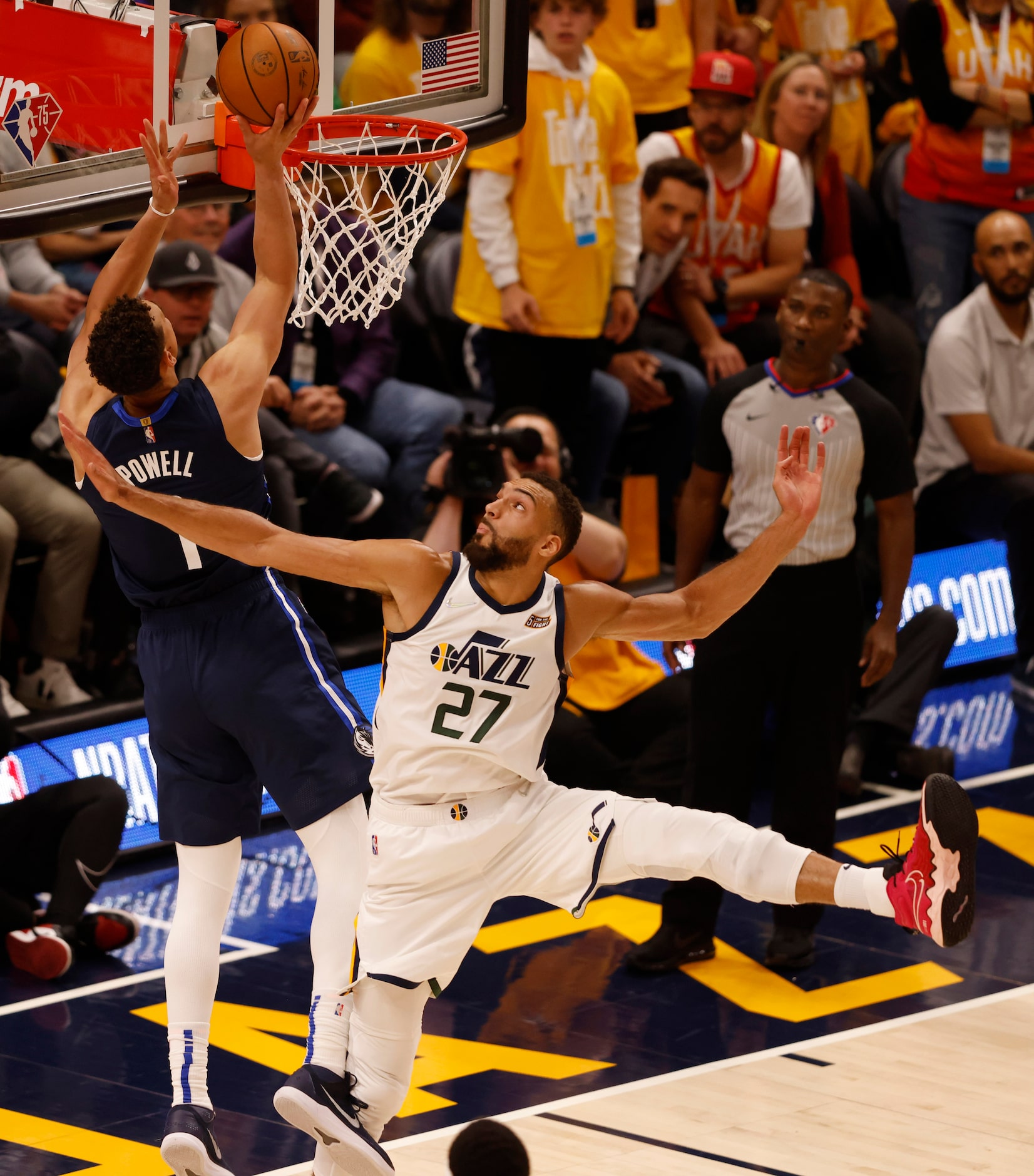 Dallas Mavericks center Dwight Powell (7) shoots in front of Utah Jazz center Rudy Gobert...