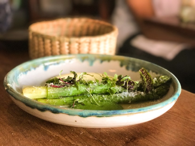 Asparagus with hollandaise sauce and English pea purée at Maximo Bistrot in Mexico City....