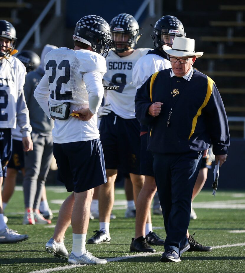 Highland Park head coach Randy Allen leads practice at Highland Park High School in Dallas...