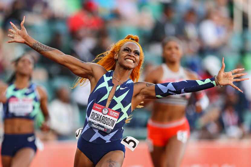 Sha'Carri Richardson celebrated winning the women's 100-meter final at the U.S. Track &...