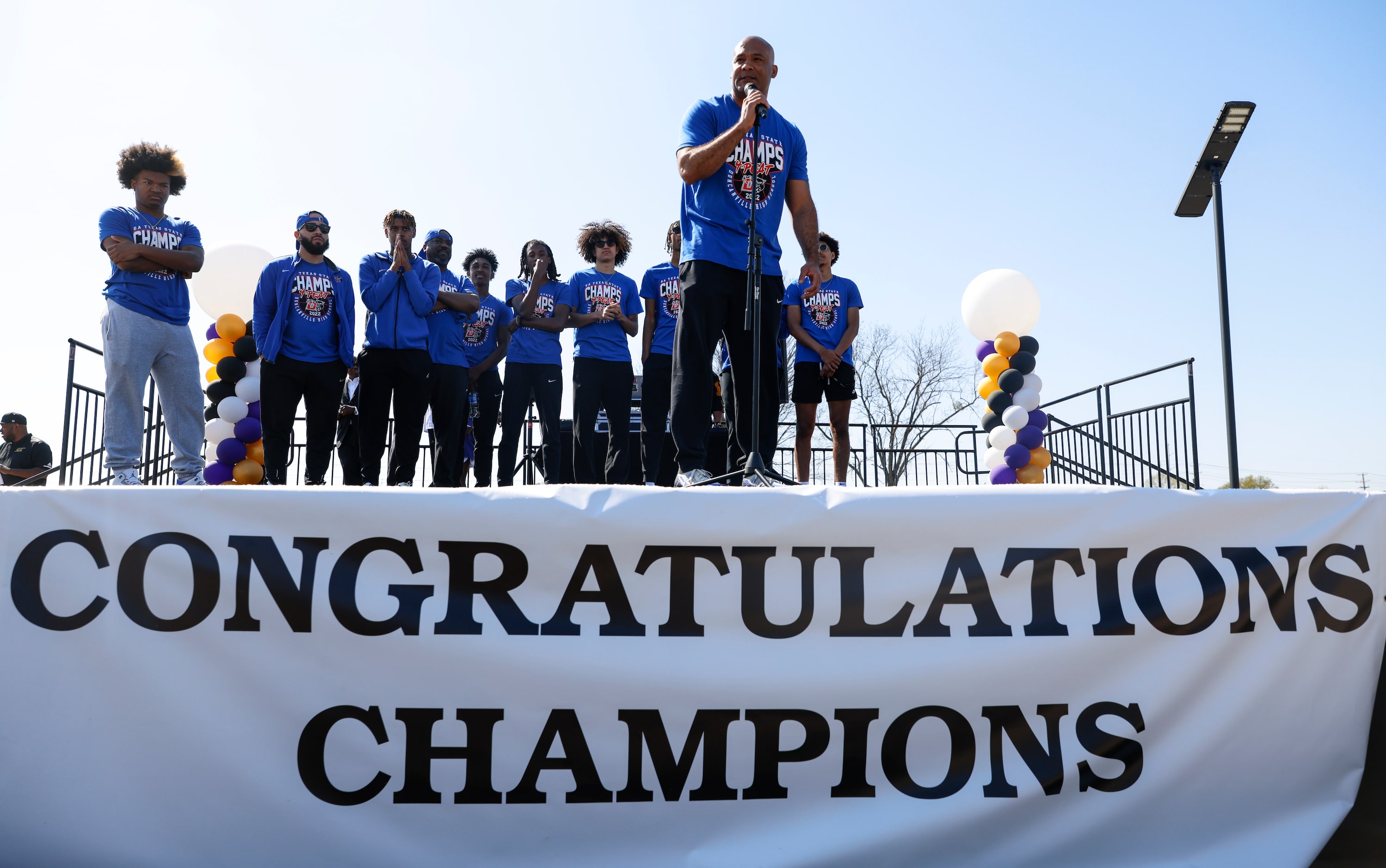 Duncanville High School boys basketball head coach, David Peavy speaks to the audience after...