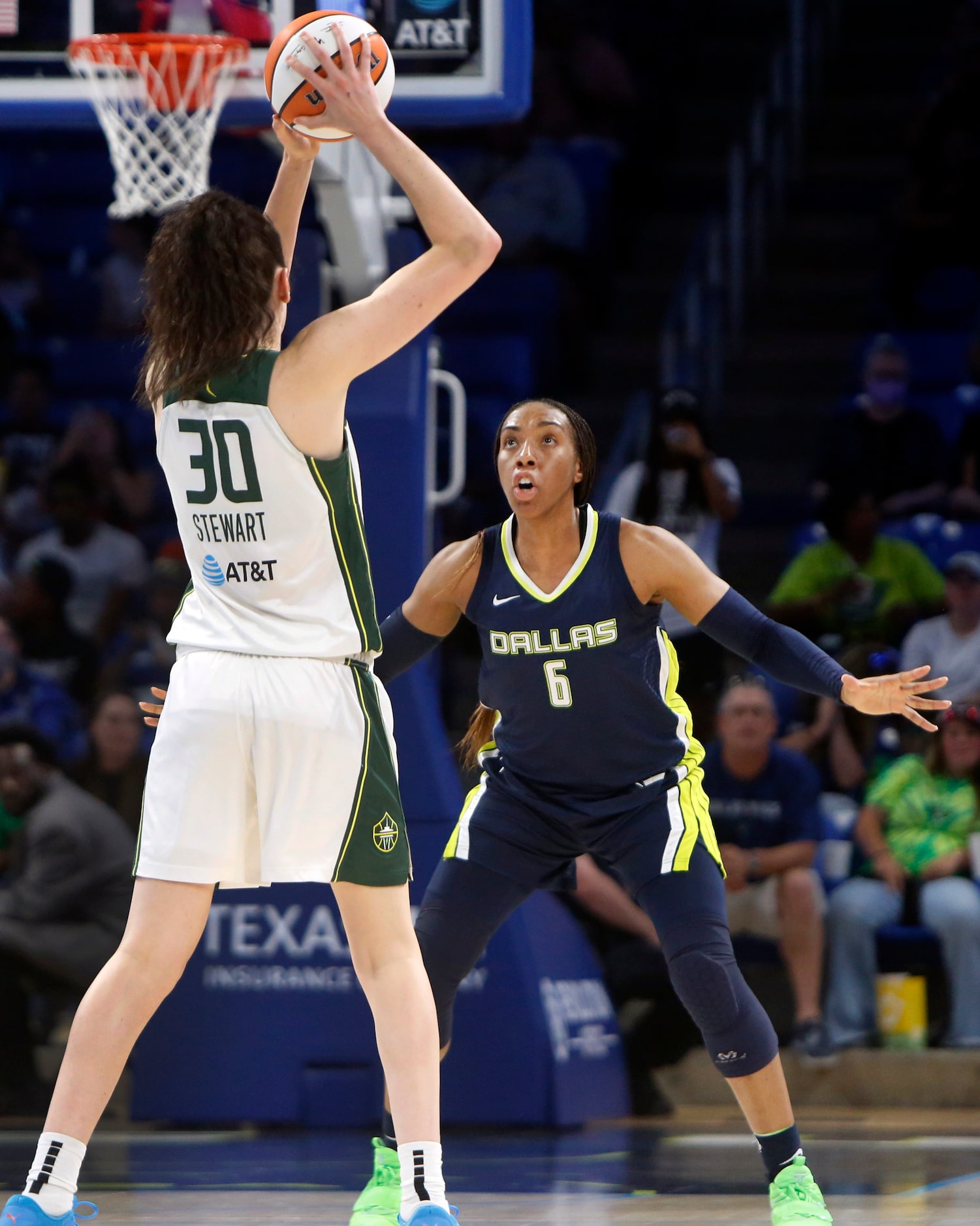 Dallas Wings forward Kayla Thornton (6) defends against Seattle Storm forward Breanna...