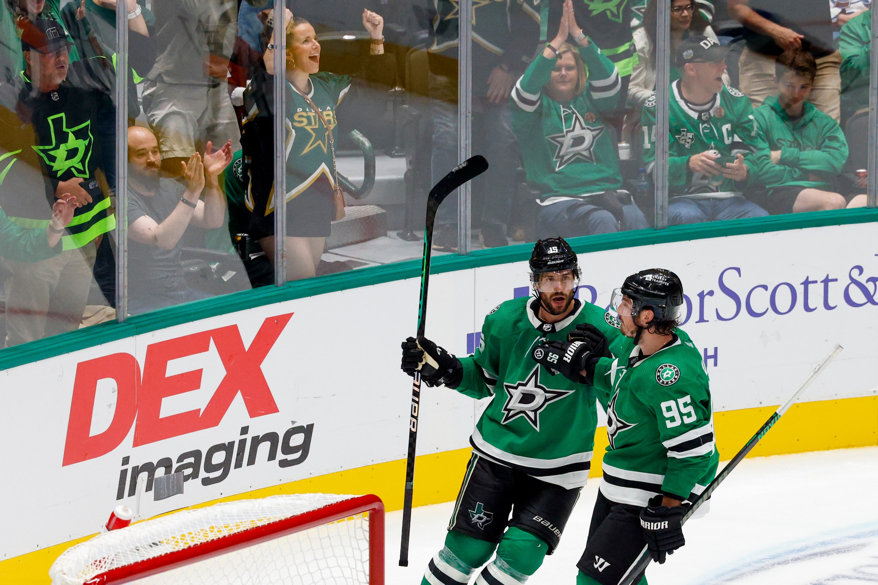 Dallas Stars center Craig Smith (15) celebrates his goal with center Matt Duchene (95)...