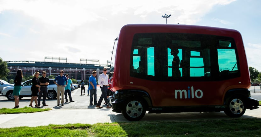 Passengers can ride a free driverless shuttle, called Milo, in Arlington's entertainment...