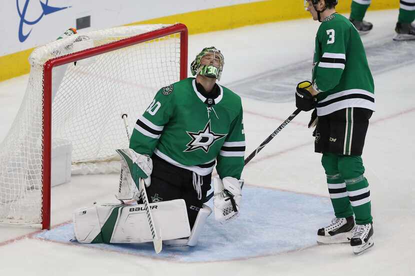 Dallas Stars goaltender Ben Bishop (30) reacts after Los Angeles Kings scores in the second...