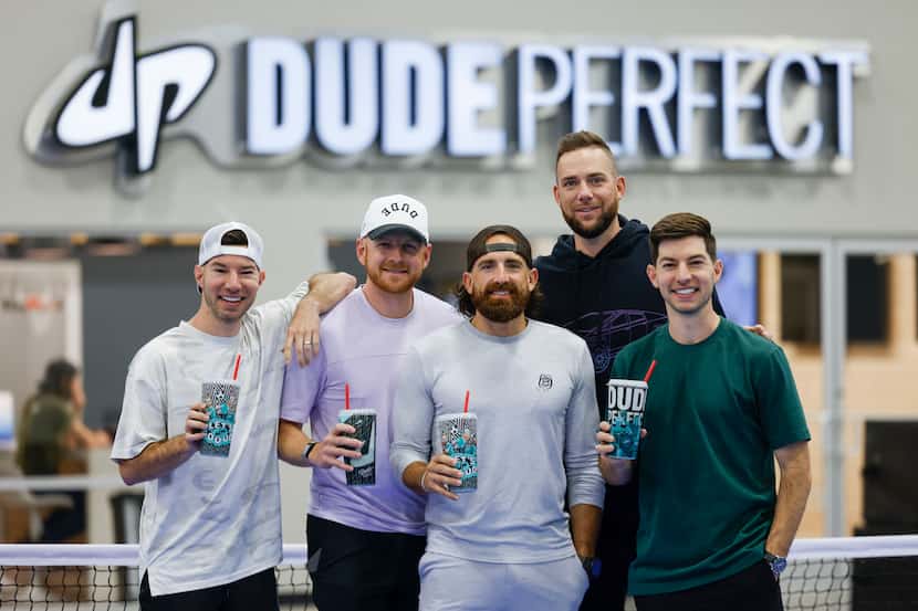 From left, Dude Perfect’s Cory Cotton, Garrett Hilbert, Tyler Toney, Cody Jones and Coby...