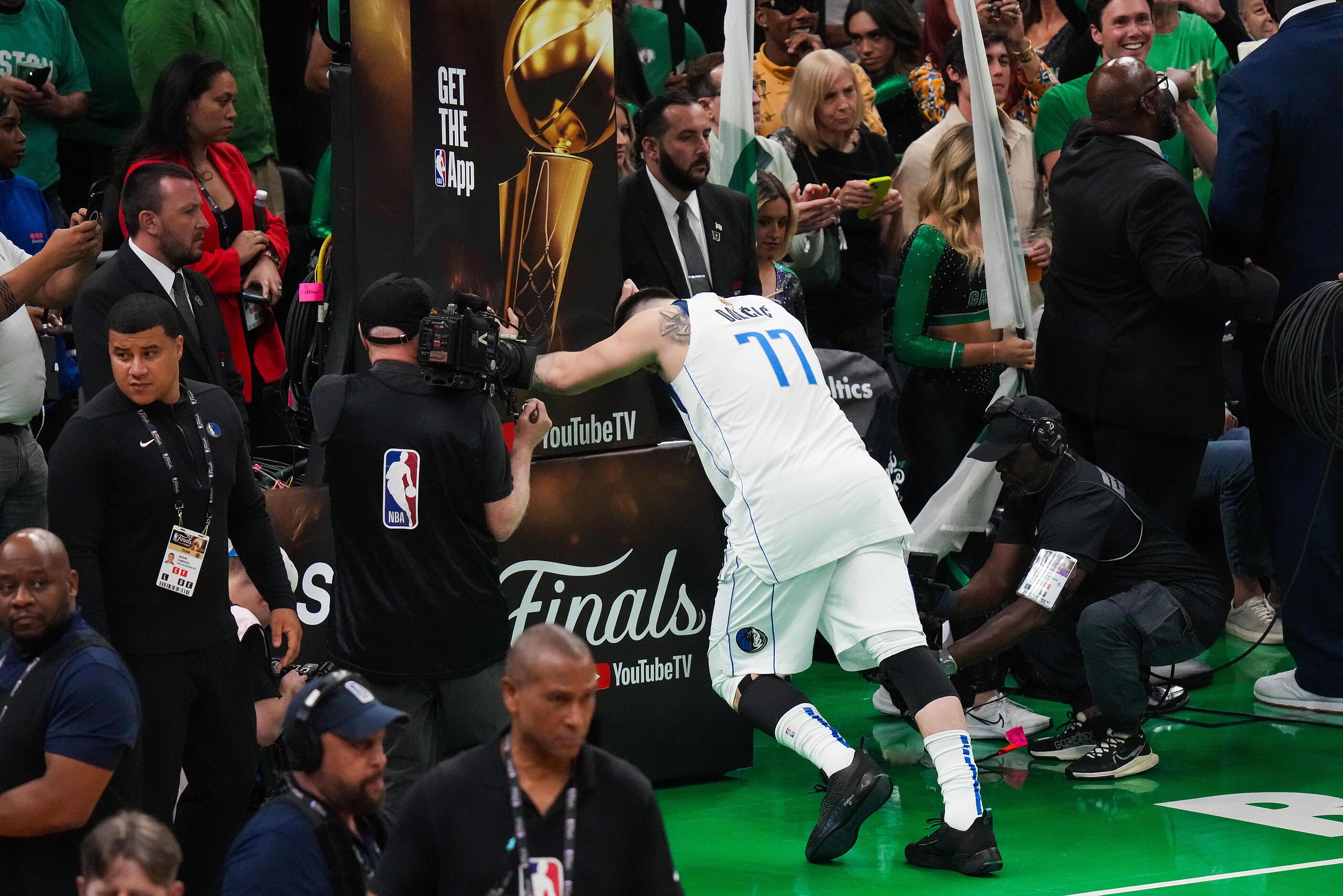 Dallas Mavericks guard Luka Doncic stretches before Game 2 of the NBA Finals against the...