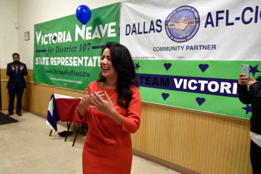 State Rep candidate Victoria Neave for District 107 walks into her election watch party, on...