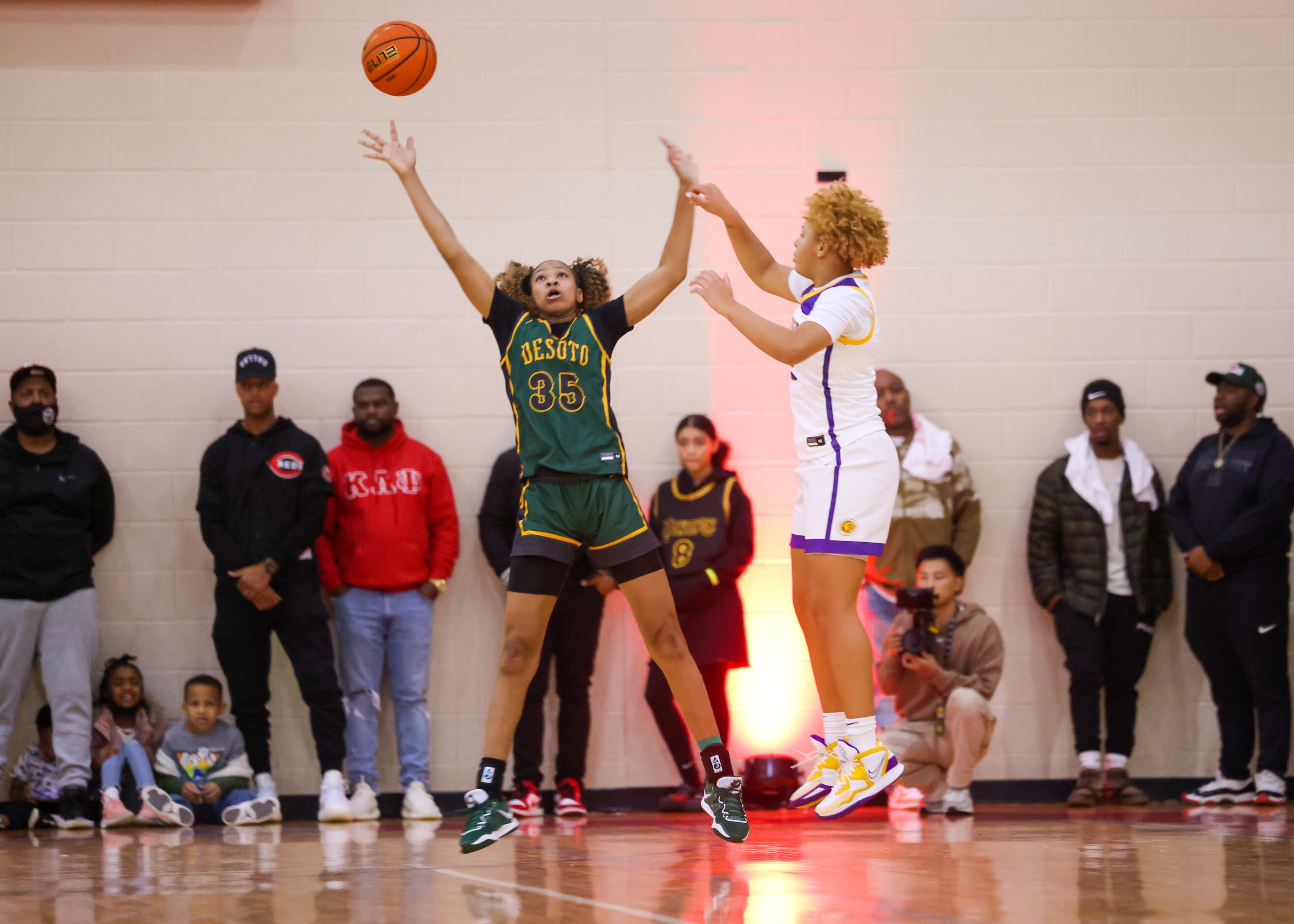 DeSoto’s Dayshauna Crowley (35) attempts to block a shot by Montverde Academy at the...