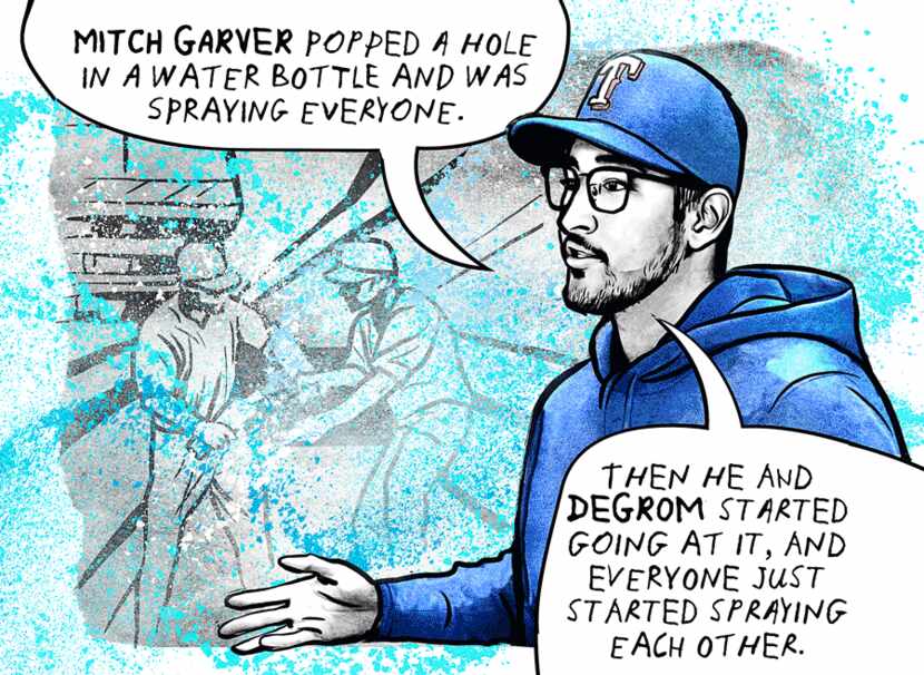 Illustration of Dane Dunning, with quote:
Mitch Garver popped a hole in a water bottle and...