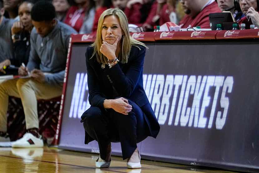 Oklahoma head coach Jennie Baranczyk watches as her teams plays against Indiana in the first...