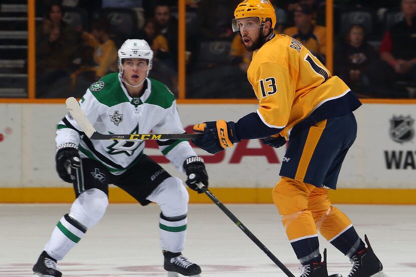 NASHVILLE, TN - OCTOBER 12:  Nick Bonino #13 of the Nashville Predators skates against...