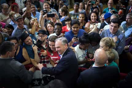 Sen. Tim Kaine pressed the flesh after a rally in Richmond, Va., in August. 