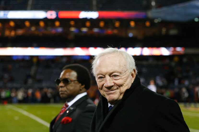 Dallas Cowboys owner Jerry Jones walks onto the field prior to a NFL matchup between the...