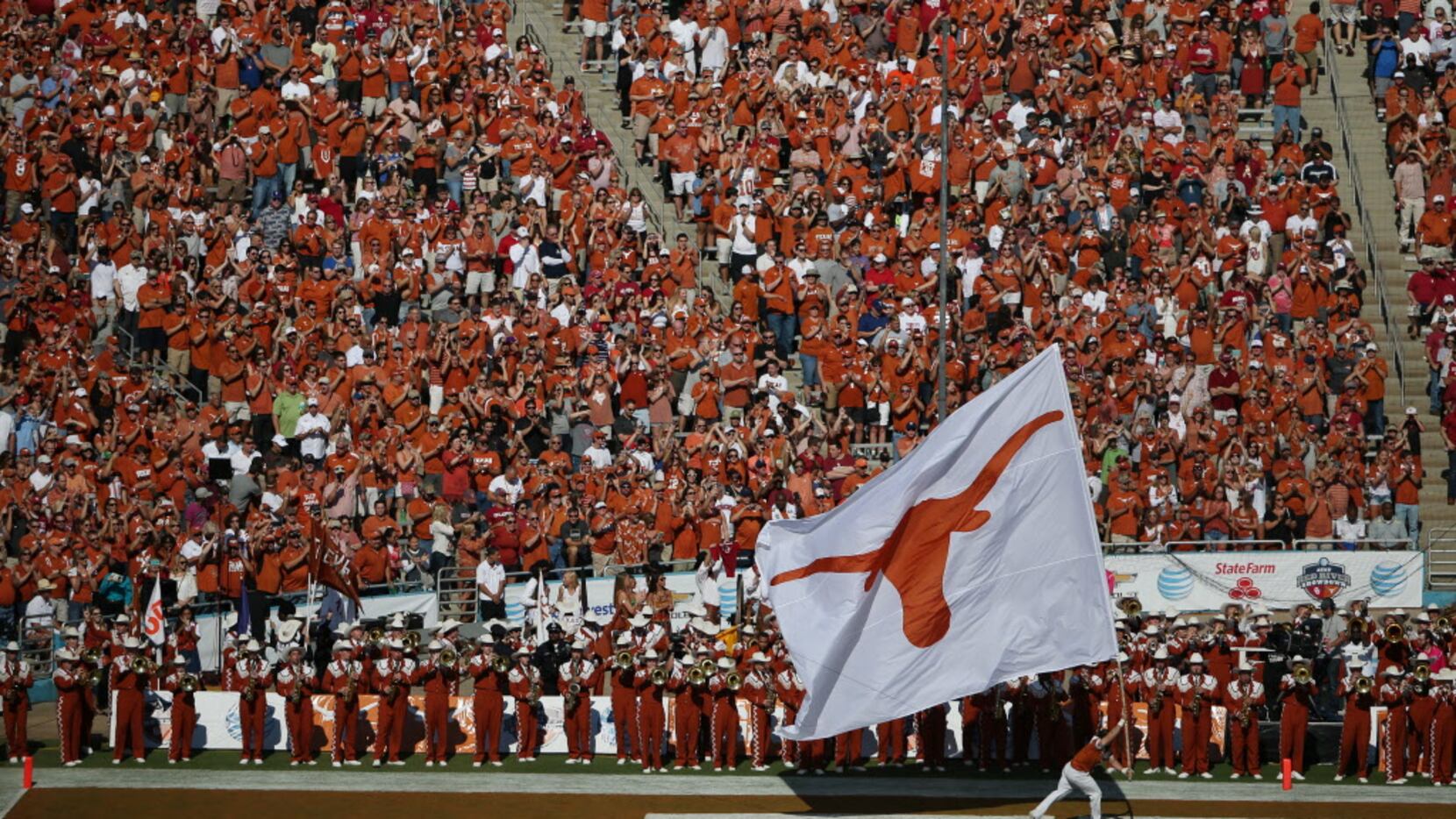 Texas Longhorns fan section before an NCAA football game between Oklahoma and Texas at the...