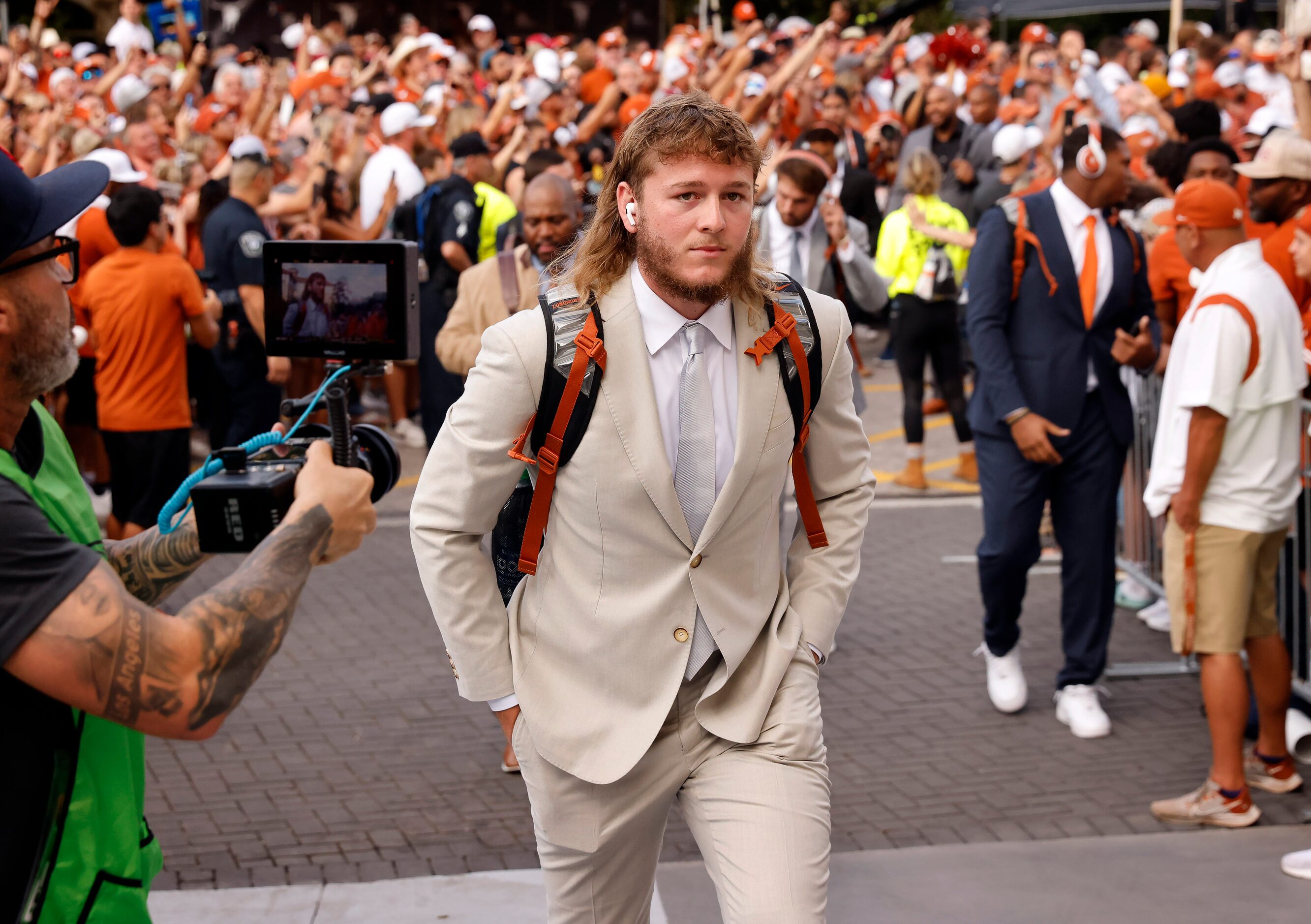 arrives for their game against the Alabama Crimson Tide at Darrell K. Royal-Texas Memorial...