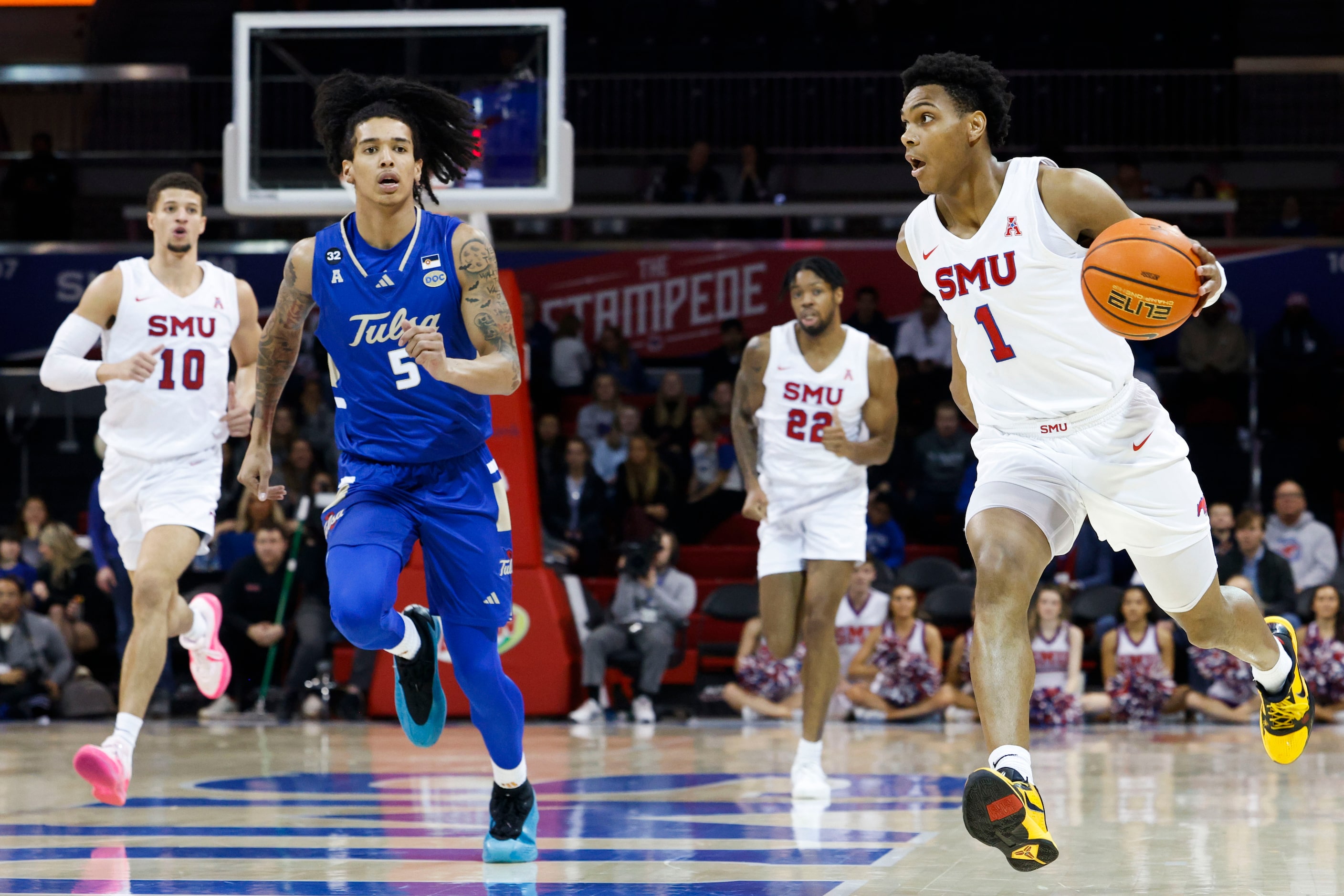 Southern Methodist guard Zhuric Phelps (1) dribbles up the court past Tulsa forward Jarred...