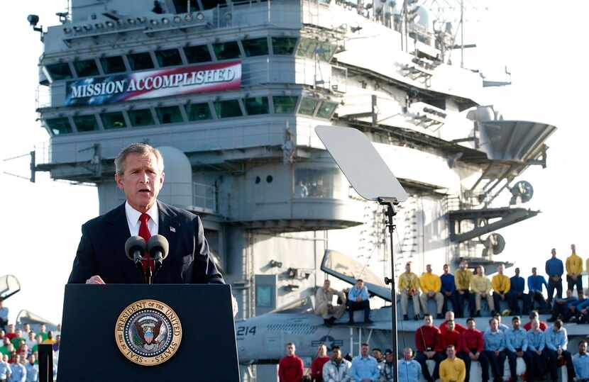 President George W. Bush addresses the nation on May 1, 2003, from the nuclear aircraft...