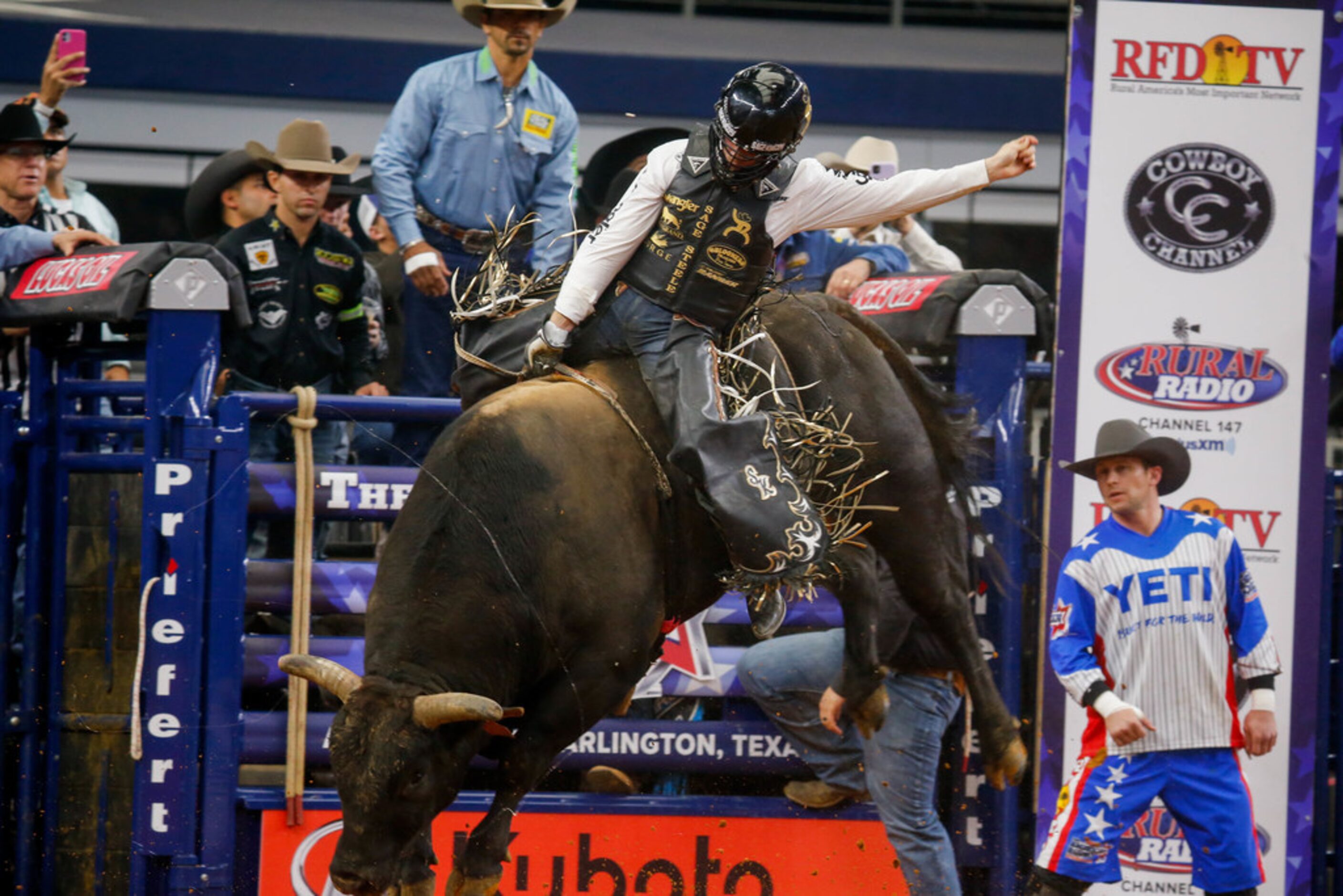 Sage Kimzey bull rides during RFD-TV's The American rodeo at AT&T Stadium on March 8, 2020...