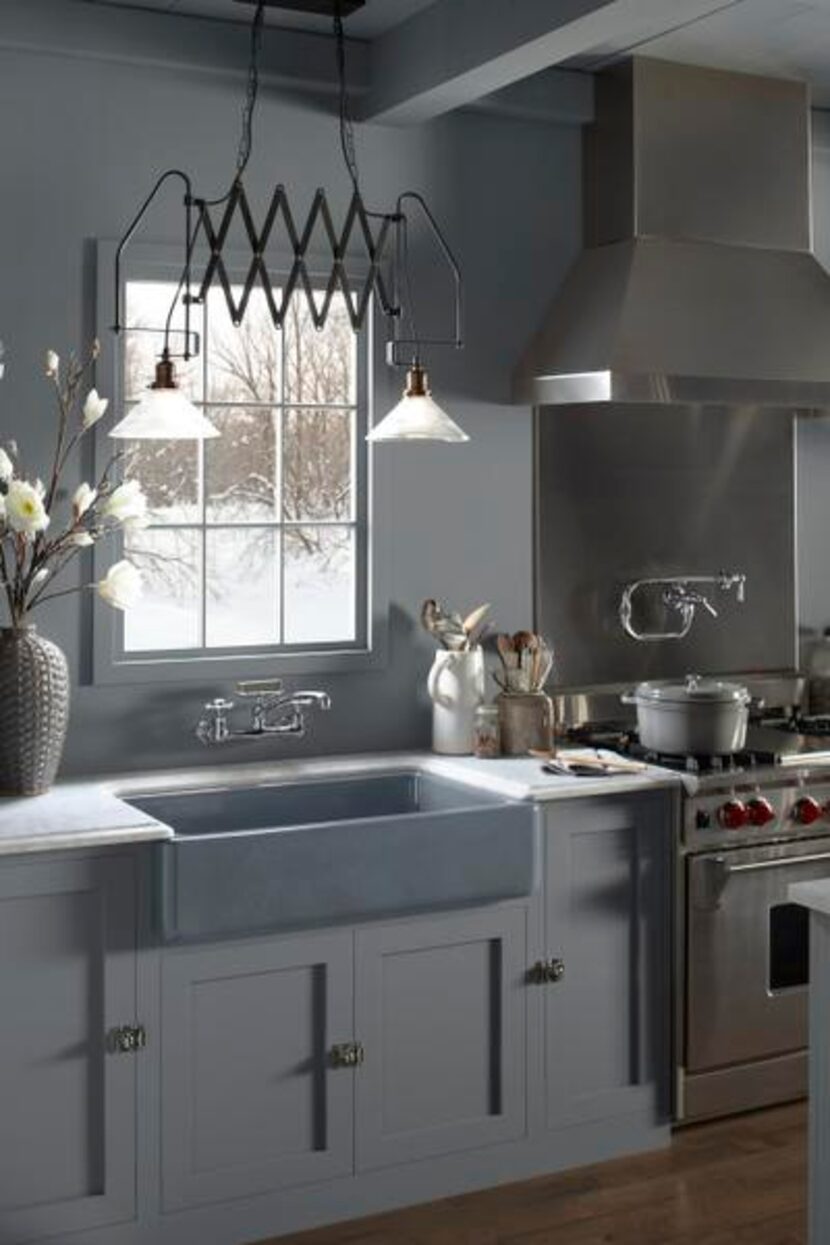 
Gray is good: A single-bowl, apron-front sink from Kohler is perfect for a country kitchen....